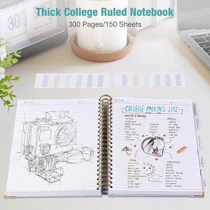 Spiral Notebook, College Ruled Notebook, 8" x 10", 300 Pages Leather Journals for Writing, B5 Hardcover Journaling Notebooks for Work School, 24pcs Tabs, Large Embossed Journal for Women Men, Green
