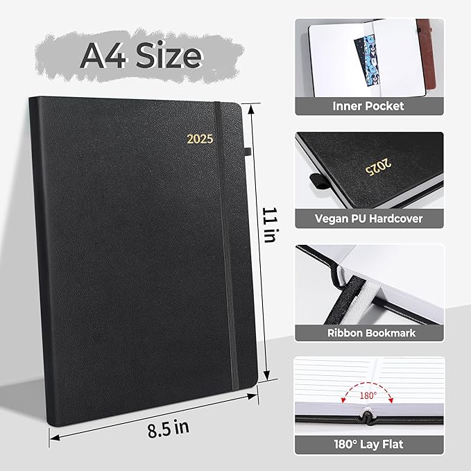 SUNEE 2025 Weekly & Monthly Hardcover Planner 8" x 11" - 12 Month (January 2025 - December 2025), Small Hardcover Planner, Pocket, Notes, 100 GSM Paper, Black