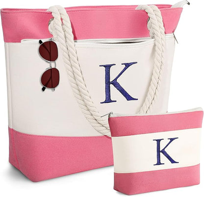 YOOLIFE Christmas Gifts for Women - Initial Canvas Tote Bag & Makeup Bag, Birthday Gifts for Women Mom Teacher Friend Sister