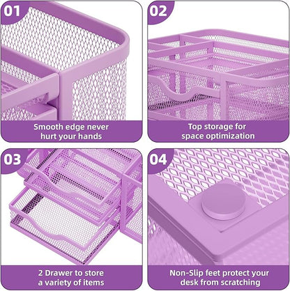 Marbrasse Mesh Desk Organizer, Pen Organizer with 2 Drawer, Multi-Functional Pencil Holder for Desk, Desk Organizers and Accessories with 5 Compartments + Drawer for Office Art Supplies (Purple)