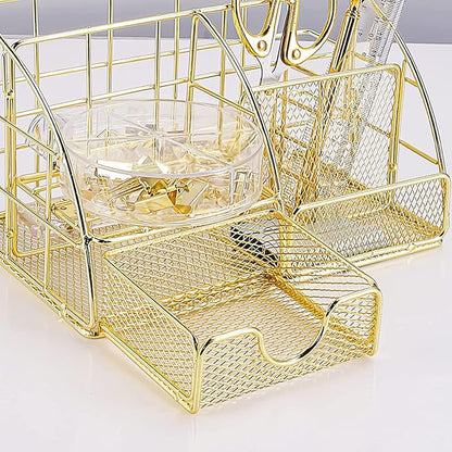 JUOPIEA Desk Organizers and Accessories Office Supplies Organizer with Pen Holder, 72 Clips Set and Phone Stand, Metal Mesh Desktop Organizers with Drawer for Home, Office, School Ect (Gold)