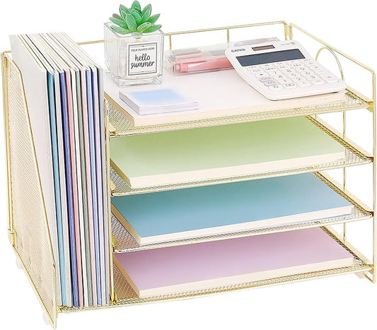 OPNCIE Desk Organizers and Accessories, 4 Tier Paper Letter Tray File Organizer, Office Organization Storage Desk Accessories Workspace Desktop Organizer for Classroom Office Supplies Decor, Gold