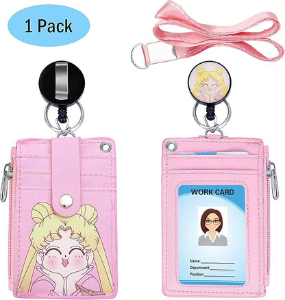 Cute ID Badge Holder Retractable Lanyard Reel Clip with Heavy Duty Carabiner,5 Card Slots in 2 Sided with Key Ring and Zipper for Students Teens Boys Girls Office Staff Women (Lovely Girl)