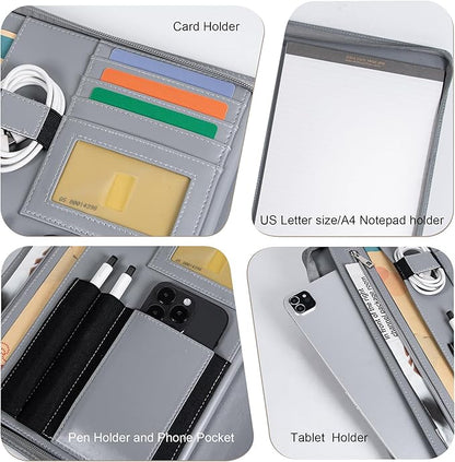 Personalized Leather Portfolio with Zipper, Professional Business Padfolio with A4/US Letter Writing Pad holder For Interview, Resume folder for Men and Women, Gray