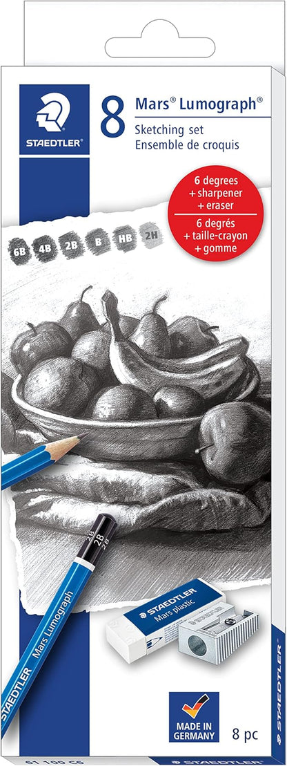 STAEDTLER Mars Lumograph Graphite Artist Sketch Set, 6 Degrees (6B, 4B, 2B, B, HB, 2H), Mini Mars Plastic Eraser, Metal Sharpener 61 100C8LU