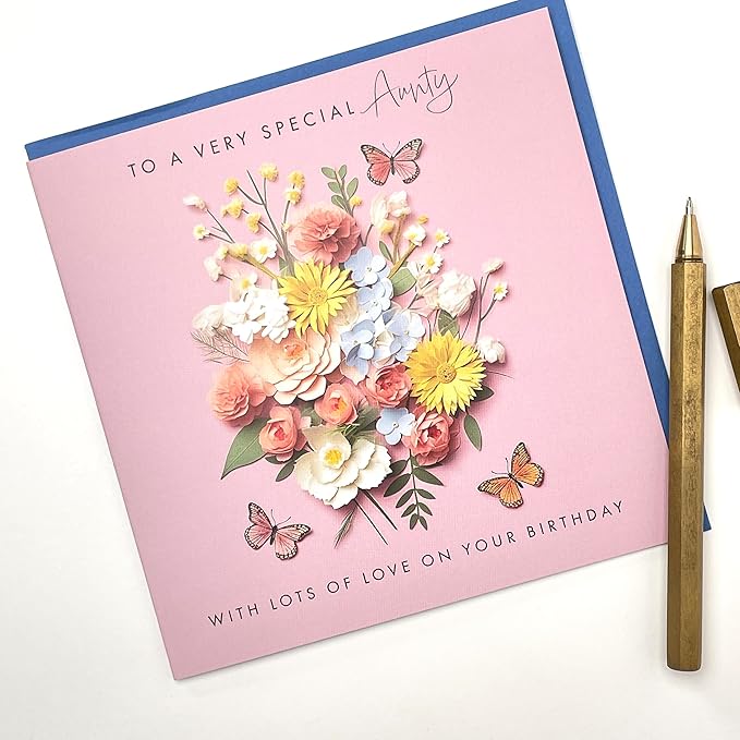 Old English Co. Special Aunty Birthday Card for Her - Pink Flower Butterfly Artwork Birthday Card for Aunty from Niece Nephew - Cute Aunty Birthday Card | Blank Inside Envelope