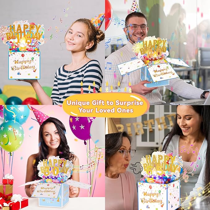 Tnvee 65TH Birthday Cards with Lights & Music & Candle, 3D Large Pop Up Happy Birthday Cards for Women Man Greeting Cards Decorations for 65 Years Old Mom Dad Wife Husband Friend