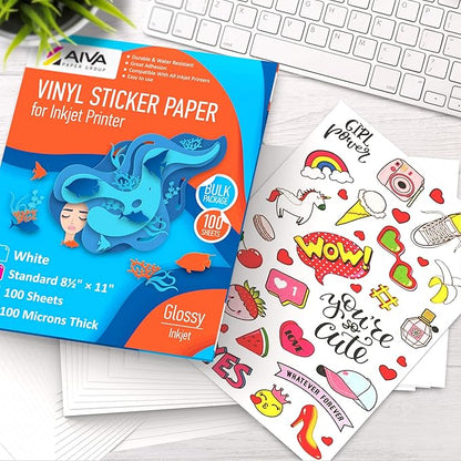 Printable Vinyl Sticker Paper - Waterproof Decal Paper for Inkjet Printer - 30 Self-Adhesive Sheets - Glossy White - Standard Letter Size 8.5"x11"