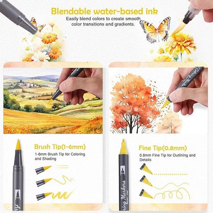 Watercolor Pens Set, 36-Color Dual Tip Paint Markers, Water-Based Coloring Markers with 1 Aquapen, 1 Colorless Blender, 1 Black Marker, and 12-Page Pad, Art Supplies for Artists and Beginners