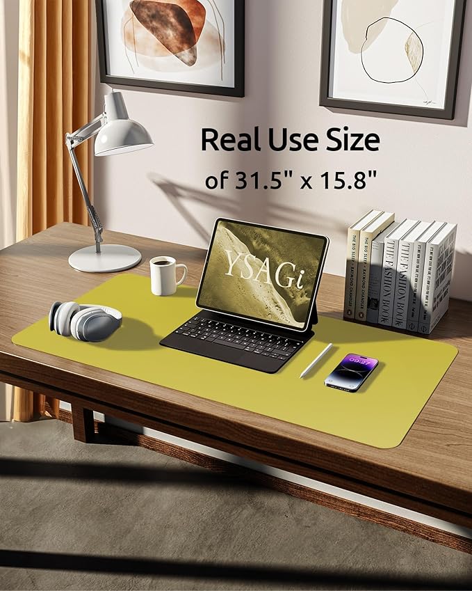 YSAGi Leather Desk Protector, Office Mat, Large Mouse Mat, Non-Slip PU Leather Blotter, Laptop Pad, Waterproof Writing Pad for Office and Home (Olive Green, 31.5" x 15.8")