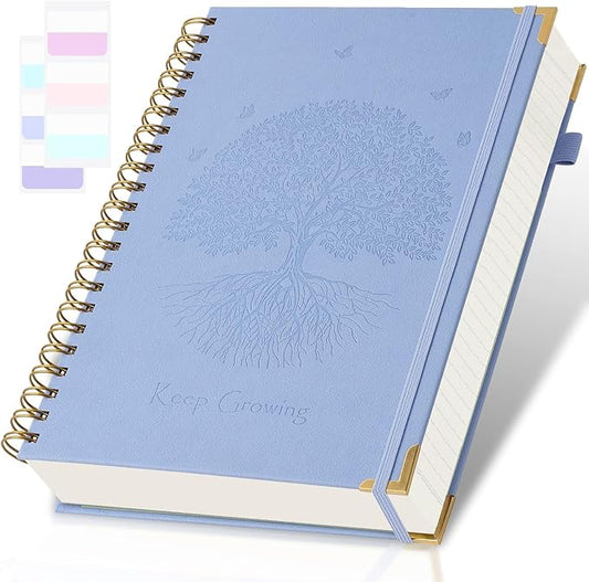 Spiral Notebook, College Ruled Notebook, 8" x 10", 300 Pages Leather Journals for Writing, B5 Hardcover Journaling Notebooks for Work School, 24pcs Tabs, Large Embossed Journal for Women Men, Blue