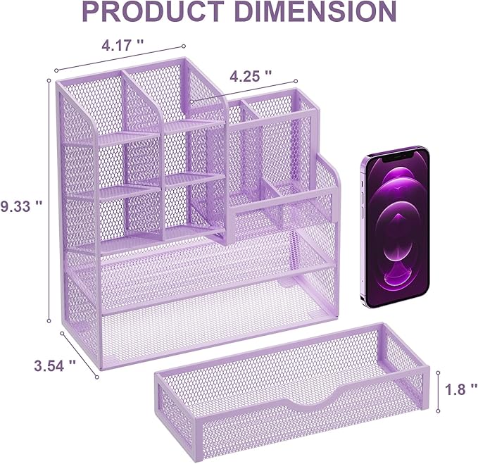 Marbrasse Mesh Pen Holder for Desk, Desk Organizer with Drawer, Multi-Functional Pencil Organizer, Desk Organizers and Accessories for Office Art Supplies (Purple)