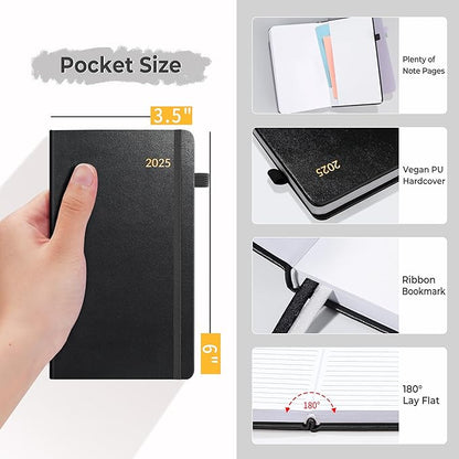 SUNEE 2025 Pocket Weekly Planner for Purse 3.5" x 6" - 12 Month (January 2025 - December 2025), Pocket Size Planner, Hardcover, Notes, Pocket, 100 GSM Paper, Black