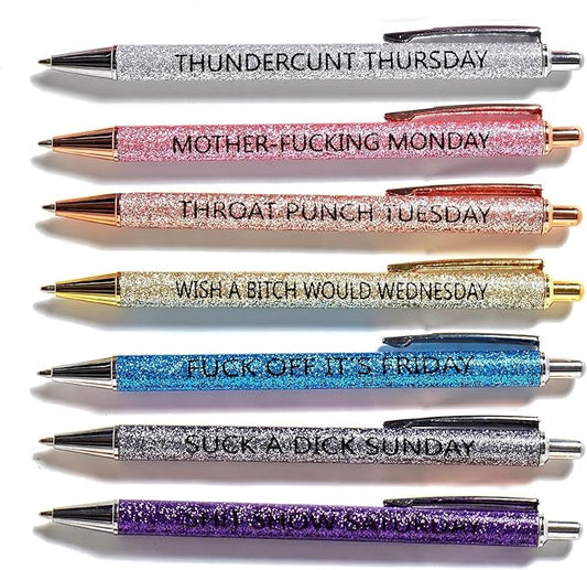 7pcs funny pens for adults, Seven Days of The Week Pen Describing Mentality,Glitter Ballpoint Pens,Black Ink Medium Point 1.0 mm Gift Pens, Cute Pens Office Supplies for Women