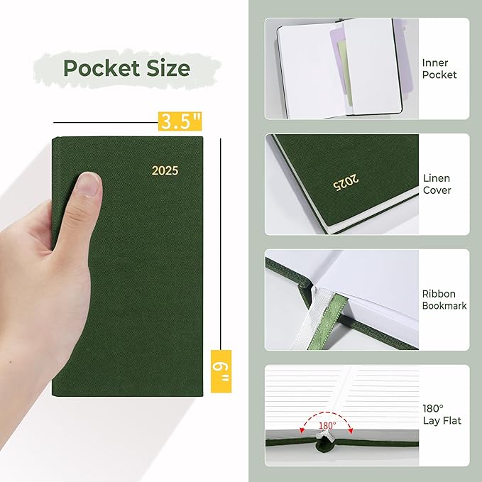 SUNEE 2025 Pocket Weekly Planner for Purse 3.5" x 6" - 12 Month (January 2025 - December 2025), Pocket Size Planner, Hardcover, Notes, Pocket, 100 GSM Paper, Deep Green