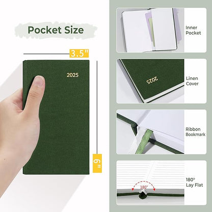 SUNEE 2025 Pocket Weekly Planner for Purse 3.5" x 6" - 12 Month (January 2025 - December 2025), Pocket Size Planner, Hardcover, Notes, Pocket, 100 GSM Paper, Deep Green