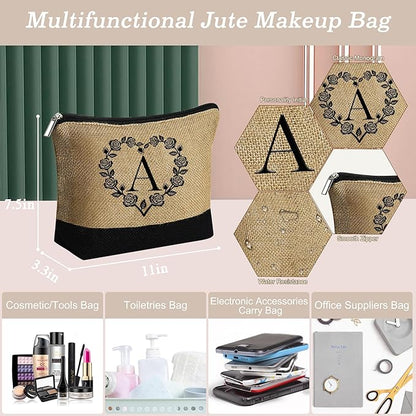 YOOLIFE Christmas Gifts for Women - Initial Jute Tote Bag & Makeup Bag, Birthday Gifts for Women Her Mom Teacher Friend