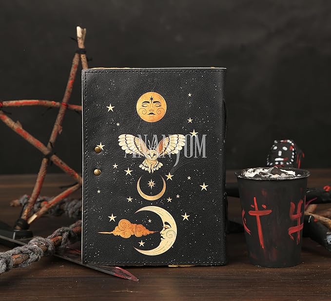 Handmade Leather Journal, Black, Sun & Moon Design, 8 x 6 Inch, 200 Unruled Pages, Hand Embossed, Deckle Edge Paper, Brass Clasp Lock, Vintage Notebook Diary, Sketchbook for Artists & Writers