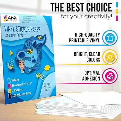 Printable Vinyl Sticker Paper for Laser Printer - Glossy White - 15 Self-Adhesive Sheets - Waterproof Decal Paper - Standard Letter Size 8.5"x11"