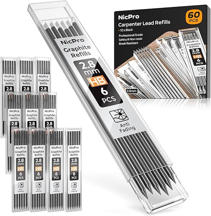 Nicpro 60 Pieces Carpenter Pencil Lead Refills 2.8mm, Lead Refill for Mechanical Carpenter Pencil, Break Resistant 2.8 mm Leads for Construction Pencils, Woodworking Pencil (Black)