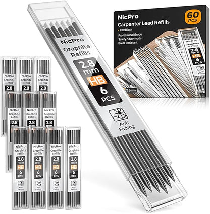 Nicpro 60 Pieces Carpenter Pencil Lead Refills 2.8mm, Lead Refill for Mechanical Carpenter Pencil, Break Resistant 2.8 mm Leads for Construction Pencils, Woodworking Pencil (Black)