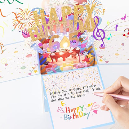 Tnvee 65TH Birthday Cards with Lights & Music & Candle, 3D Large Pop Up Happy Birthday Cards for Women Man Greeting Cards Decorations for 65 Years Old Mom Dad Wife Husband Friend