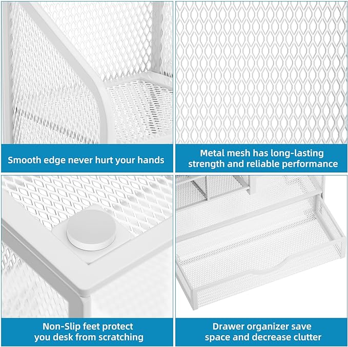 Marbrasse Mesh Pen Holder for Desk, Desk Organizer with Drawer, Multi-Functional Pencil Organizer, Desk Organizers and Accessories for Office Art Supplies (White)