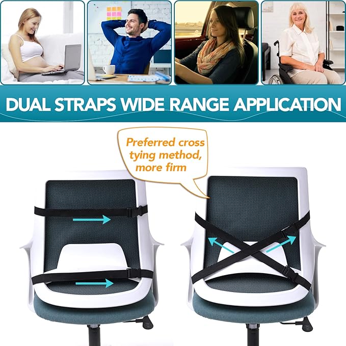 QUTOOL Lumbar Support Pillow for Office Chair Back Support Pillow for Car, Computer, Gaming Chair Memory Foam Back Cushion for Back Pain Relief Improve Posture, Mesh Cover Double Adjustable Straps