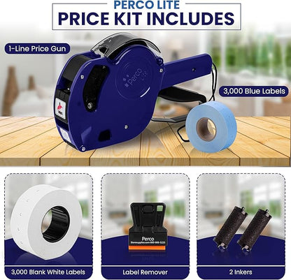 Perco Lite 1 Line Price Gun with Labels Kit - Includes 3 White Rolls, 3 Blue Rolls, 2 Ink Rollers - 1 Ink roll and Labels Pre-Loaded