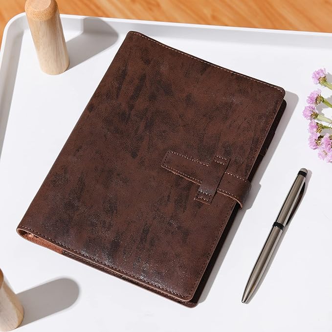 Wonderpool Leather Journal Refillable Binder A5 Writing Notebook Folder Organiser with Dotted Paper & Multi Pockets Cover for Business School Travel (A5, Coffee)