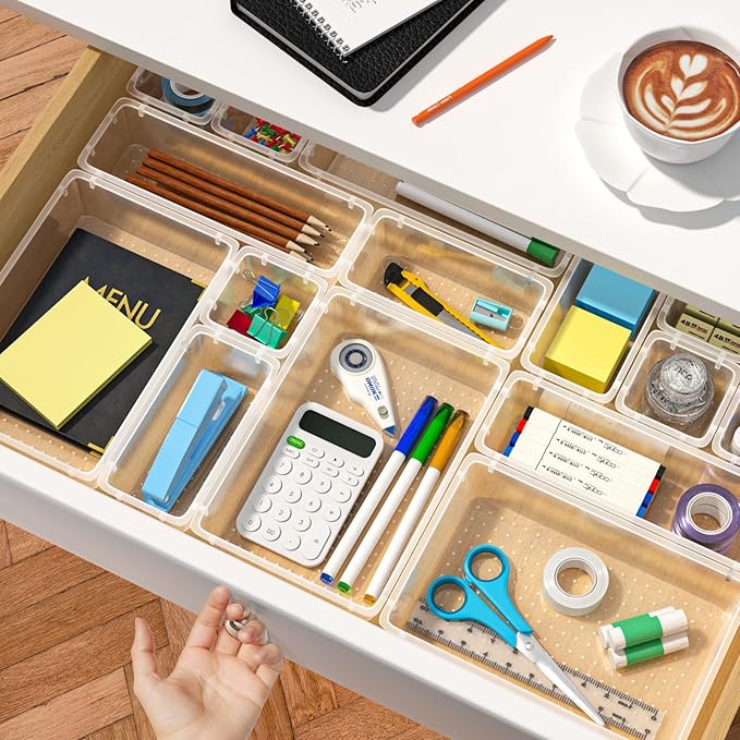 Clear Drawer Organizers of 9 PCS Plastic Drawer Organizer Bins, 4 Sizes Clear Plastic Drawer Organizers and Storage Bins for Bathroom Kitchen Office Organizers and Storage Containers