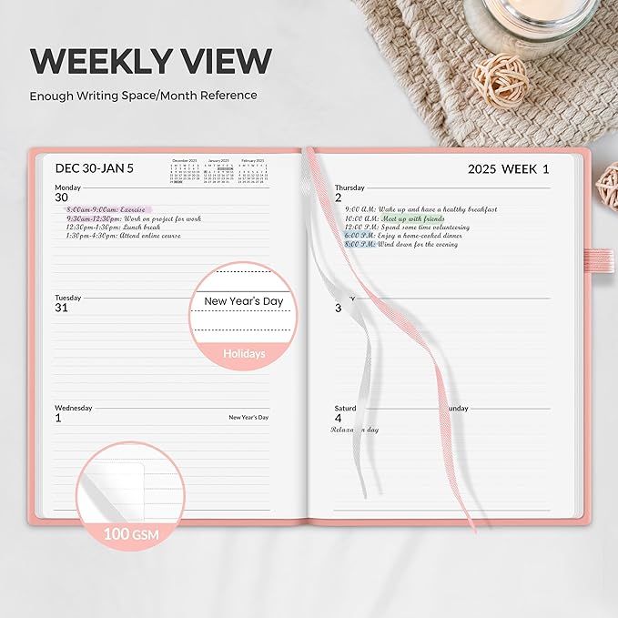 SUNEE 2025 Weekly & Monthly Hardcover Planner 5.5" x 8.3" - 12 Month (January 2025 - December 2025), Small Hardcover Planner, Pocket, Notes, 100 GSM Paper, Peach Pink
