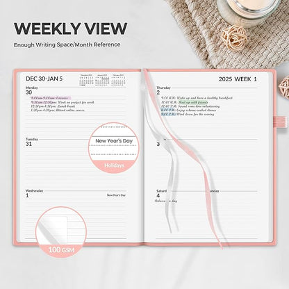 SUNEE 2025 Weekly & Monthly Hardcover Planner 5.5" x 8.3" - 12 Month (January 2025 - December 2025), Small Hardcover Planner, Pocket, Notes, 100 GSM Paper, Peach Pink