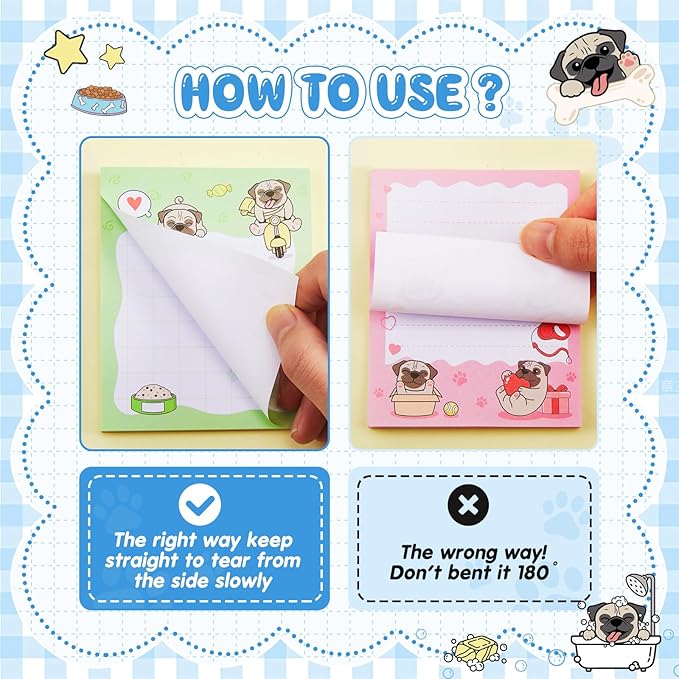 Sabary 9 Pads Sticky Notes 3.15 x 3.94 Inches Cute Self Sticky Note Pads Colored Adhesive Notepad for Memo Reminder Journal Studying Office Home Gift(Pug)