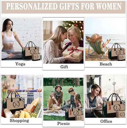 YOOLIFE Christmas Gifts for Women - Initial Tote Bag & Makeup Bag, Birthday Gifts for Women Mom Teacher Friend Christmas Gift
