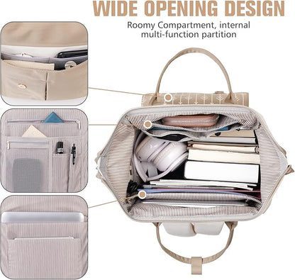 MOMUVO Laptop Backpack for Women with USB Port, Student Bookbag Water Resistant Backpacks Teacher Doctor Nurse Work Stylish Travel Bags, Fits 17-Inch Laptop Khaki Beige