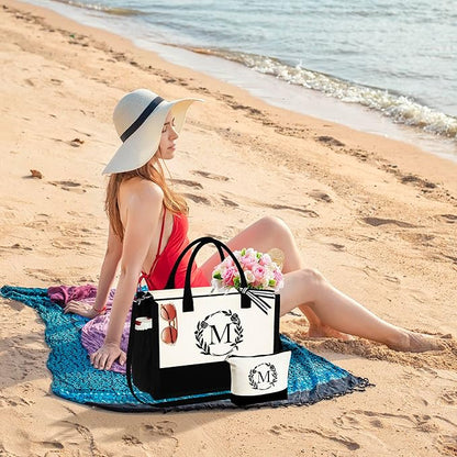 YOOLIFE Christmas Gifts for Women - Initial Canvas Tote Bag & Makeup Bag, Birthday Gifts for Women Her Mom Teacher Friend
