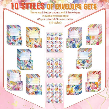 TaoBary 160 Packs Stationery Paper Set (50 Double Sided Stationery Writing Papers 50 Matching Envelopes) 60 Round Dot Sticker, 10 Design(Watercolor Flowers,5.5 x 8.25 Inch)
