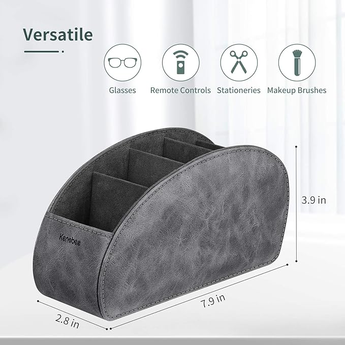 Remote Control Holder with 5 Compartments, KENOBEE Anti-slip Desktop Caddy Storage Organizer for Remote Controllers, Office Supplies, Makeup Brush, Media Accessories, Gray