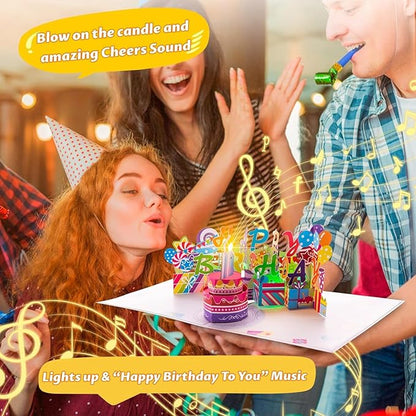 3D PopUp Birthday Cards, 1-100 Age Luxury Blowable LED Light Candle Cake Music Happy Birthday Card Postcards Greeting Cards Birthday Gifts Decorations for Women, Man, Mom, Wife, Husband, Boy, Girl