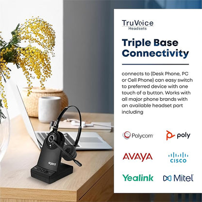 TruVoice Agent AW80 3-in-1 Wireless Headset with Noise Canceling Microphone for Phone, PC and Cell | 500 FT Maximum DECT Range (15 x Bluetooth Distance) - Remote Answer Capability with Additional EHS