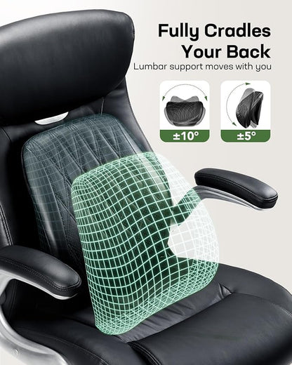 Marsail Comfortable-Office Chair with Dynamic-Lumbar Support: High Back PU Leather Executive Office Chair with Flip-up Arms Tilt Function, Ergonomic Executive Desk Chair for Home Office Work, Black
