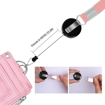 Cute ID Badge Holder Retractable Lanyard Reel Clip with Heavy Duty Carabiner, 5 Card Slots in 2 Sided with Key Ring and Zipper for Women Students Teens Girls Office Staff