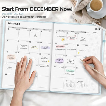 SUNEE 2025 Weekly & Monthly Hardcover Planner 8" x 11" - 12 Month (January 2025 - December 2025), Small Hardcover Planner, Pocket, Notes, 100 GSM Paper, Grey Blue