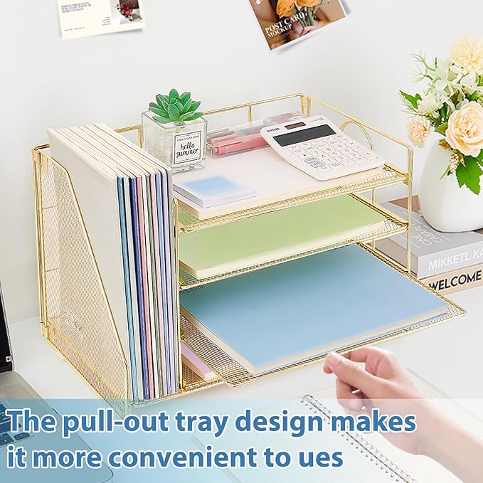 OPNCIE Desk Organizers and Accessories, 4 Tier Paper Letter Tray File Organizer, Office Organization Storage Desk Accessories Workspace Desktop Organizer for Classroom Office Supplies Decor, Gold