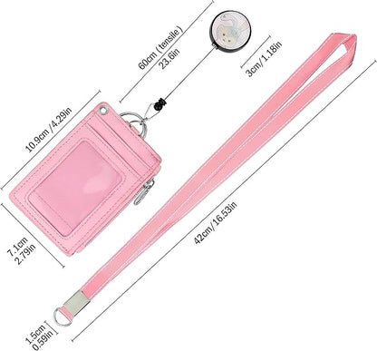 Cute ID Badge Holder Retractable Lanyard Reel Clip with Heavy Duty Carabiner,5 Card Slots in 2 Sided with Key Ring and Zipper for Students Teens Boys Girls Office Staff Women (Purple Rabbit)