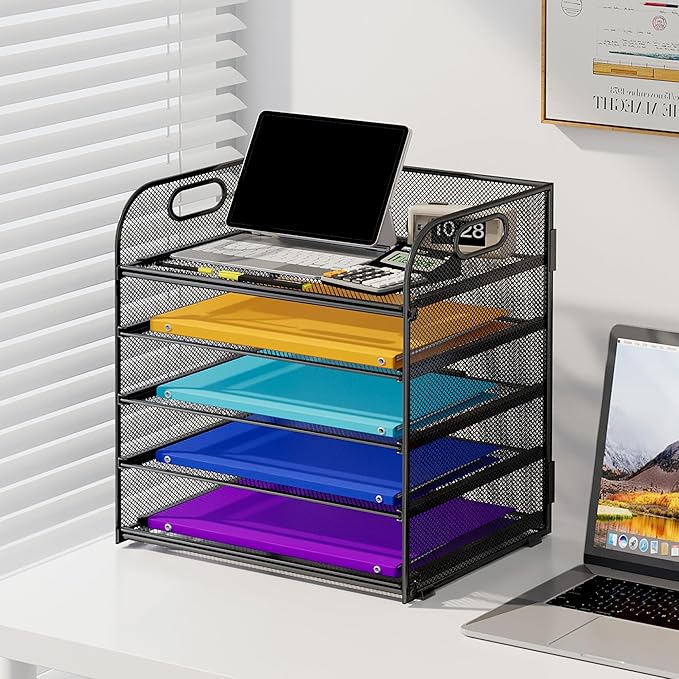 5 Tier Paper Organizer with Handle, Metal Mesh Desk Organizer File Folder Organizer Paper Letter Tray Desktop Document Sorter for Classroom, School, Office Organization and Storage - Black