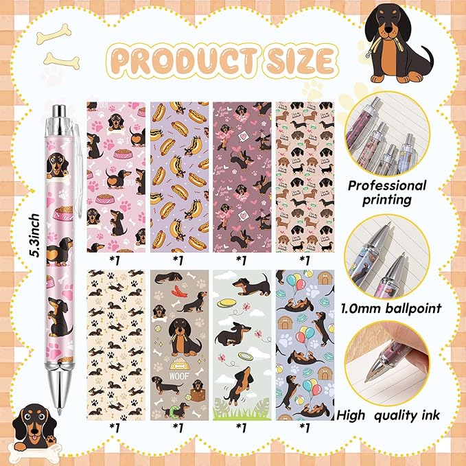 Ireer 8 Pcs Ballpoint Pens for Women 1.00 mm Cute Black Ink Fancy Pens Fine Point Smooth Writing for Journaling Aesthetic Office Supplies(Dachshund)