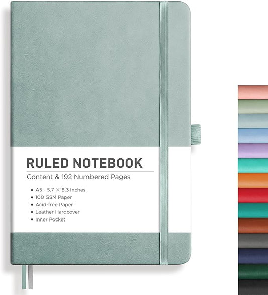 RETTACY Journaling Notebooks, A5 Lined Journal Notebook with 192 Numbered Pages, 5.7'' × 8.3'' Medium Size, for Writing, Work, Office, Leather Hardcover, 100 GSM Thick Paper (Blue-gray)