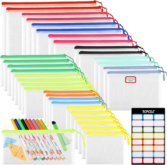 32pcs Mesh Zipper Pouch Bags, Lego Organizers and Storage,12 Colors for Puzzles Board Game Storage, 8 Sizes for Reusable Plastic Zip Organizer for Travel Office Supplies, Puzzles, Board Game Storage